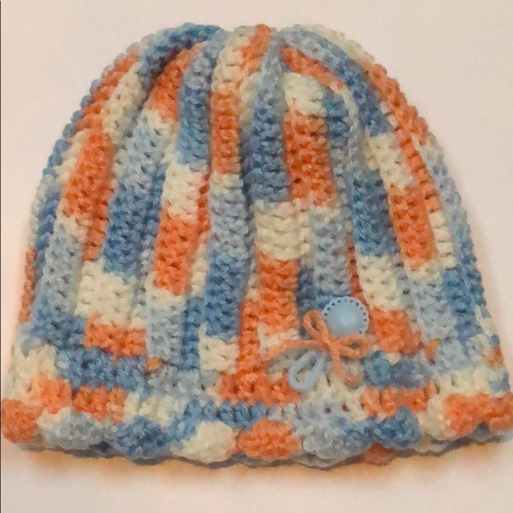 Baby winter beanie hat blue peach gift idea